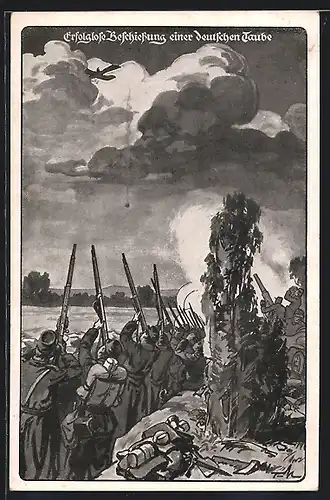Künstler-AK französische Soldaten beschiessen ohne Erfolg eine deutsche Taube, Flugzeug m Himmel
