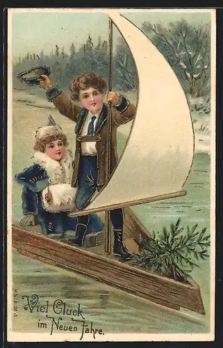 Lithographie Kinder auf einem Segelboot