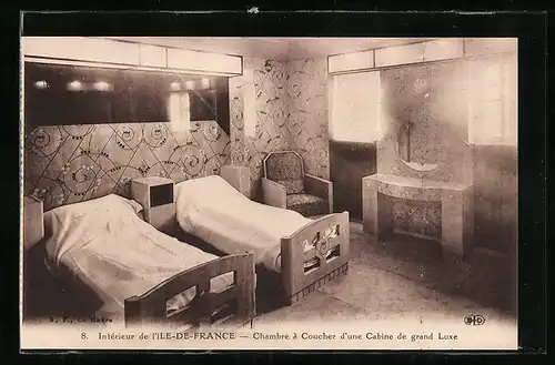 AK Passagierschiff Ile de France, Chambre a Coucher d`une Cabine de grand Luxe