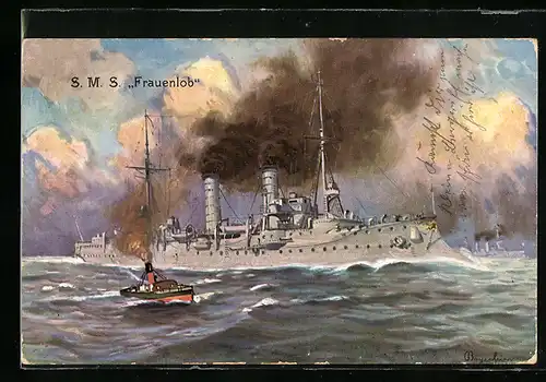 Künstler-AK S. M. S. Frauenlob in voller Fahrt