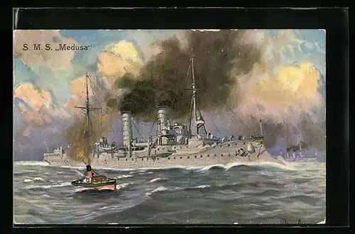 Künstler-AK S. M. S. Medusa in voller Fahrt