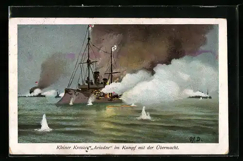 AK Kleiner Kreuzer Ariadne im Kampf mit der Übermacht