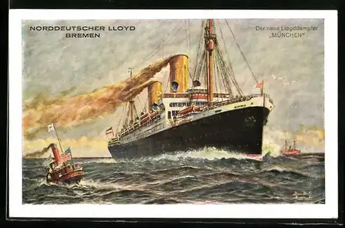 Künstler-AK Lloyddampfer München auf dem Wasser
