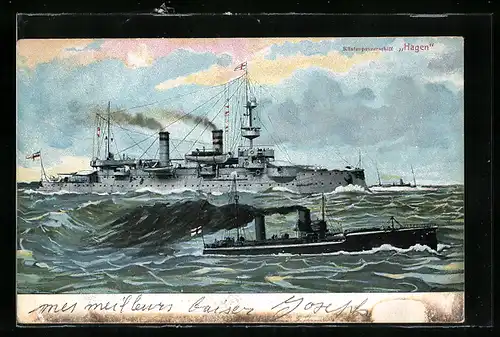 AK Küstenpanzerschiff Hagen mit Begleitschiffen