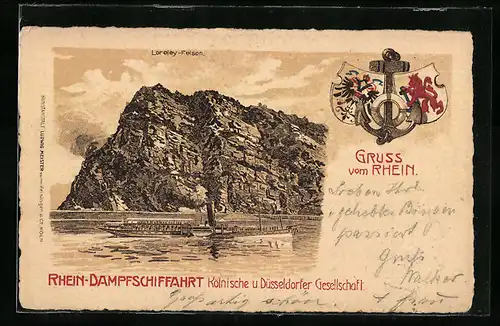 Lithographie Dampfer der Kölnischen u. Düsseldorfer Gesellschaft vor dem Loreley-Felsen