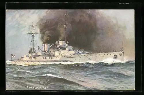 Künstler-AK Kriegsschiff SMS Moltke unter Volldampf