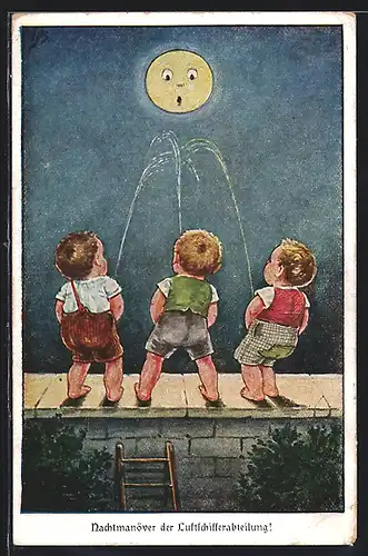 Künstler-AK Willi Scheuermann: Nachtmanöver der Luftschifferabteilung, Toilettenhumor