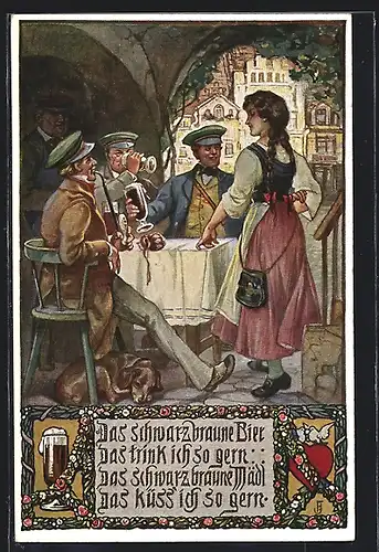 AK Männer trinken Schwarzbier & rauchen Pfeife, Hund, Herz mit weissen Tauben, Spruch