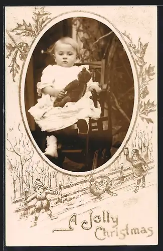 Foto-AK Kleinkind mit Teddy, Passepartout mit Weihnachtsmotiv