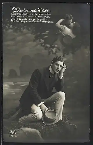 Foto-AK Verlorenes Glück, Junger Mann mit Hut träumt von der Liebe