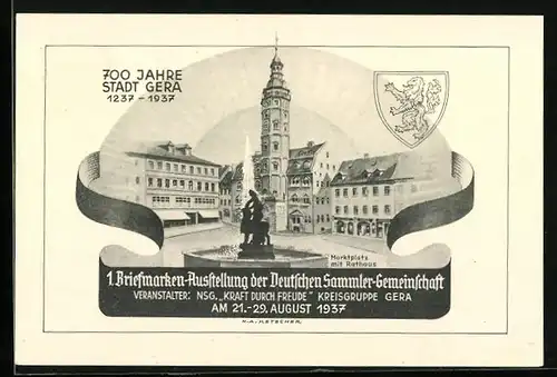 AK Gera, 1. Briefmarken-Ausstellung der Deutschen Sammler-Gemeinschaft 1937, Marktplatz mit Rathaus, Ganzsache