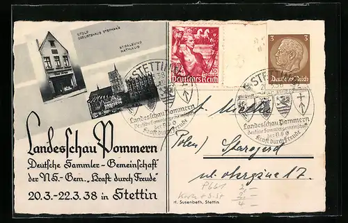 AK Stettin, Landesschau Pommern 1938 der NSG Kraft durch Freude, Stephans Geburtshaus in Stolp, Ganzsache