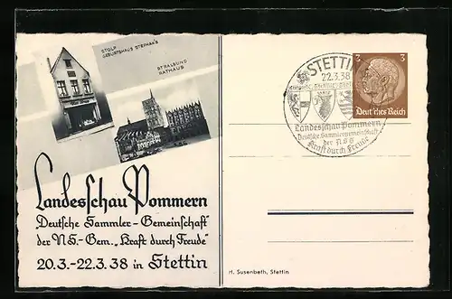 AK Stettin, Landesschau Pommern 1938, Stolp: Geburtshaus Stephan`s, Stralsund: Rathaus, Ganzsache