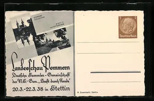 AK Stettin, Landesschau Pommern 1938 der NSG Kraft durch Freude, Hakenterrasse, Ganzsache