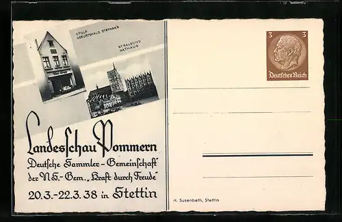 AK Stettin, Landesschau Pommern 1938, Stralsunds Rathaus, Ganzsache