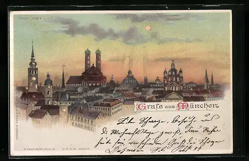 Lithographie München, Frauenkirche, St. Peter, Theatinerkirche u.a., Halt gegen das Licht: beleuchtete Fenster