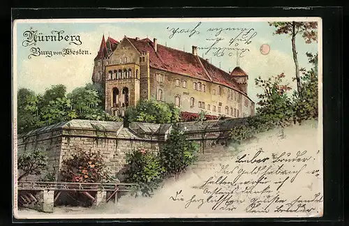 Lithographie Nürnberg, Burg von Westen, Halt gegen das Licht: Lichter gehen in der Burg an