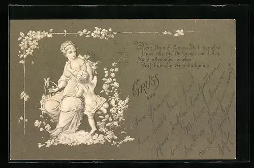 AK Aufforderung zum Schreiben von Ansichtskarten, Schöne mit Amor