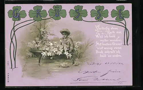 Lithographie Bub im Matrosenanzug im Boot, Kleeblätter, Aufforderung zum Schreiben von Ansichtskarten