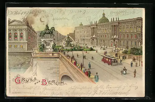 Lithographie Berlin, Schlossplatz, König. Schloss, Halt gegen das Licht: mit leuchtenden Fenstern