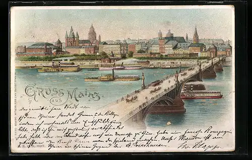 Lithographie Mainz, Ortspartie mit BrückeMainz, Stadtpanorama mit Dampfern auf dem Rhein, Halt gegen das Licht