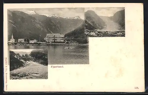 AK Fjaerland, Blick vom Wasser auf den Ort, Gletscher