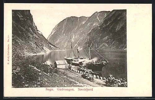 AK Sogn, Gudvangen, Naerofjord, Dampfer am Anleger