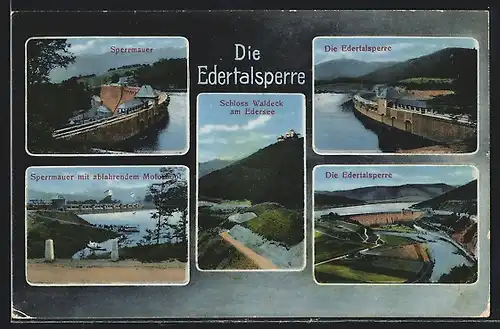 AK Waldeck / Hessen, Die Edertalsperre, Sperrmauer mit Motorbooten, Schloss