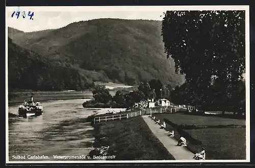 AK Carlshafen, Weserpromenade und Badeanstalt mit Dampfer