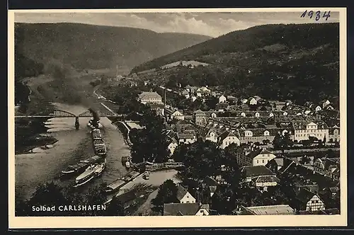 AK Carlshafen, Ortsansicht mit Dampfern aus der Vogelschau