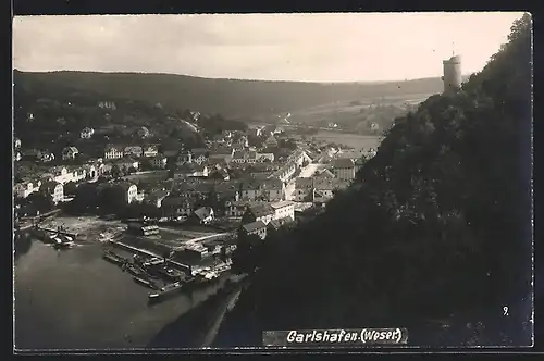 AK Carlshafen /Weser, Blick auf den Ort mit Burg
