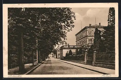 AK Detmold, Palais mit Strassenbahnschienen