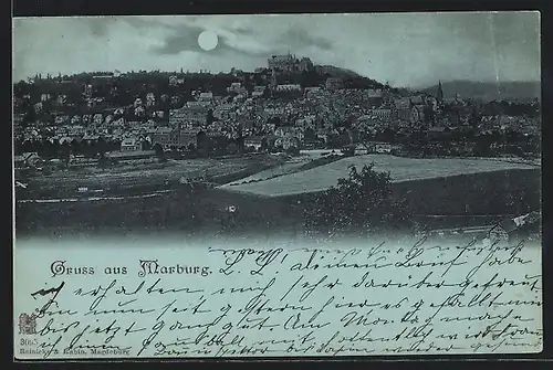 Mondschein-AK Marburg, Panorama bei Nacht