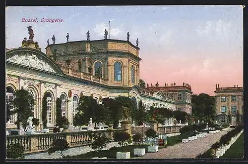 AK Cassel, Orangerie mit Bäumchen in der Karlsaue