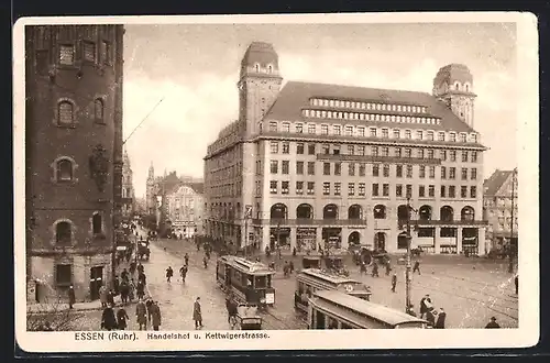AK Essen /Ruhr, Hotel Handelshof und Kettwigerstrasse mit Strassenbahn