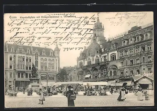 AK Essen, Kopstadtplatz mit Geschäften, Kriegerdenkmal und Colosseum
