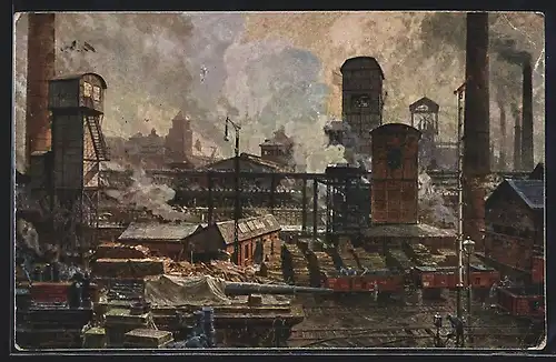 Künstler-AK Crefeld, Blick auf die Fabrik