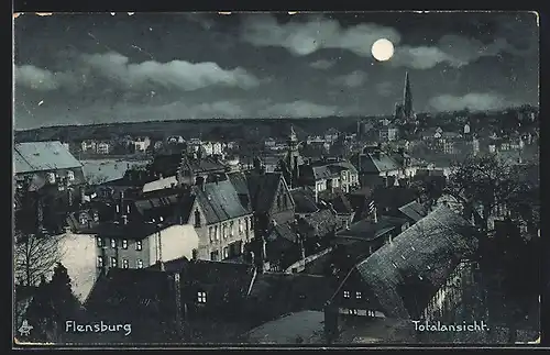 AK Flensburg, Totalansicht mit Kirche bei Mondschein