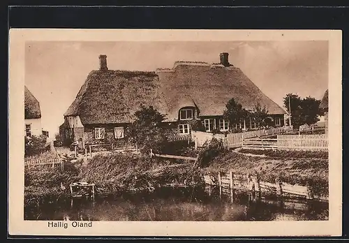 AK Hallig Oland, Haus mit reetgedecktem Dach
