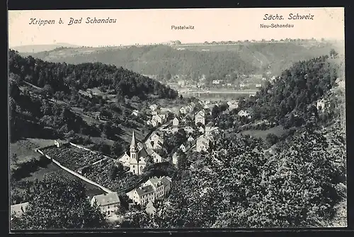 AK Krippen b. Bad Schandau, Ortsansicht mit Postelwitz und Neu-Schandau