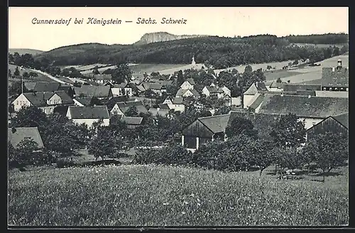 AK Cunnersdorf bei Königstein, Totalansicht von einem Hügel gesehen