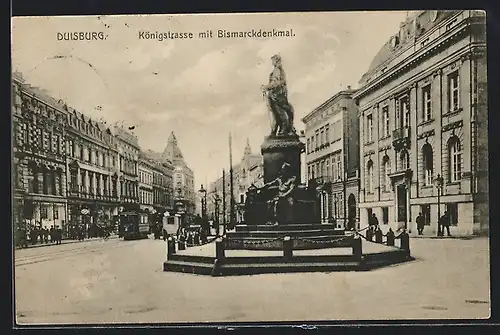 AK Duisburg, Königstrasse mit Bismarckdenkmal