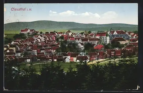 AK Clausthal i. H., Ortsansicht vor Hügelkette
