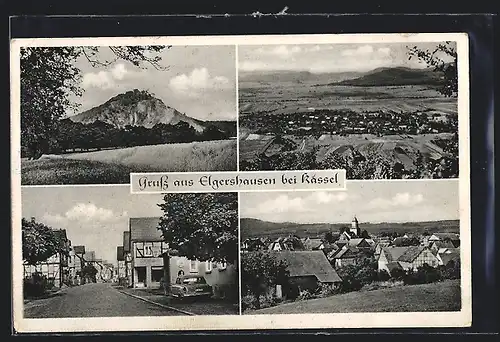 AK Elgershausen bei Kassel, Totalansicht vom Berg, Hügel, Ortsansicht mit Kirche, Strassenpartie