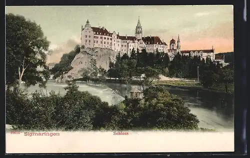 AK Sigmaringen, Uferpartie mit Schloss