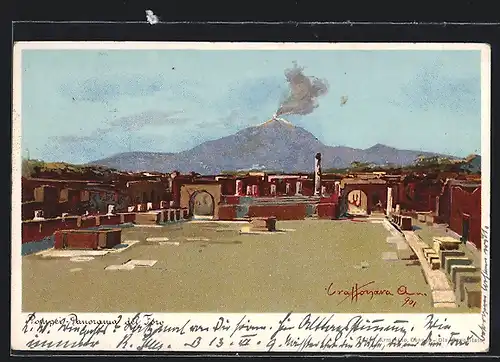 Künstler-Lithographie Pompeii, Panorama del Foro, Vesuv und Forum