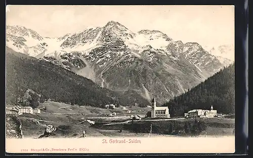 AK St. Gertraud-Sulden, Ortsansicht mit Kirche gegen die Berge