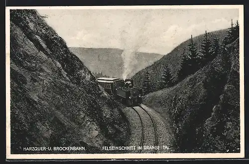 AK Brocken, Harzquer- und Brockenbahn, Felseinschnitt im Dränge-Tal