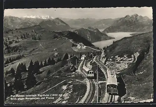 AK Rigi-Kulm, Rigi-Bahnen mit Blick auf Berneralpen und Pilatus