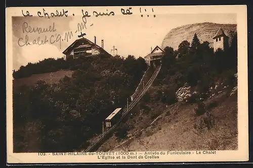 AK Saint-Hilaire-du-Touvet, Arrivée du funicolaire, le chalet, l`eglise et la dent de Crolles, Bergbahn